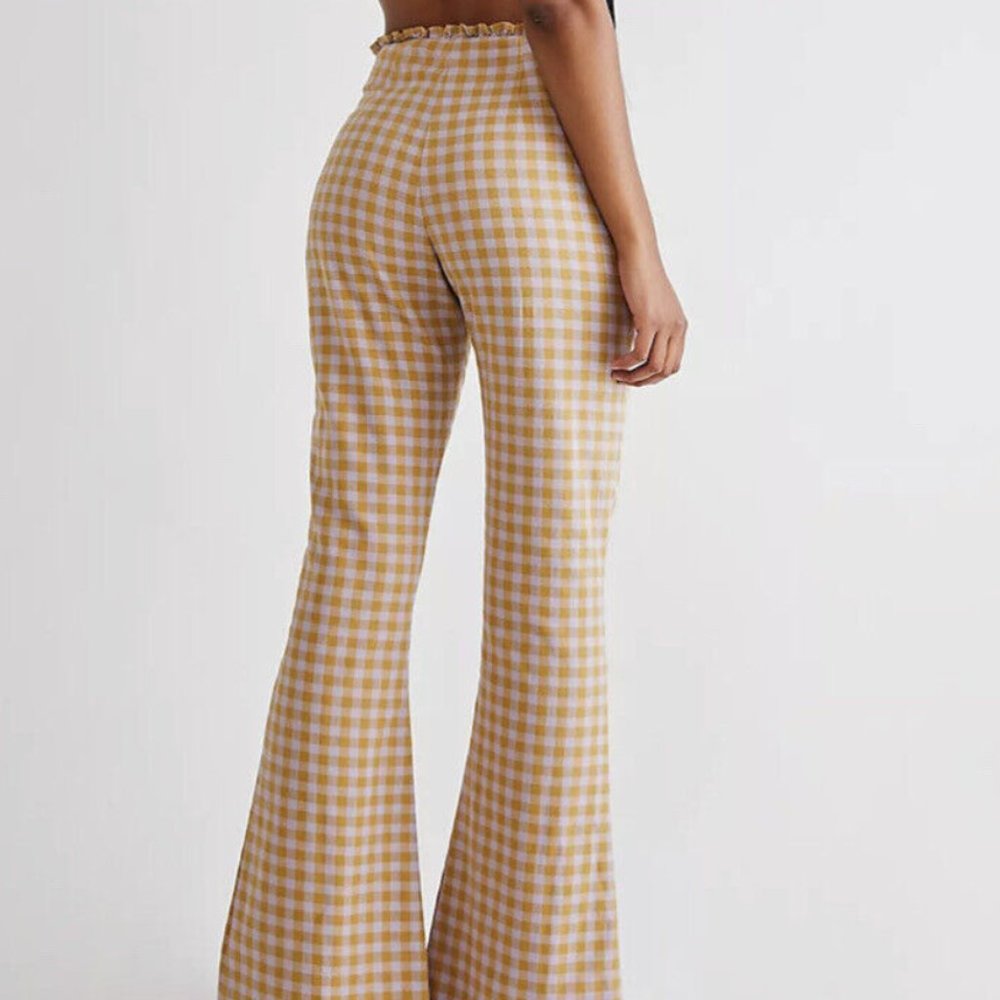 Free People Milk It Rodeo Gingham Pants Slit Hem Ruffle Gold Lavender